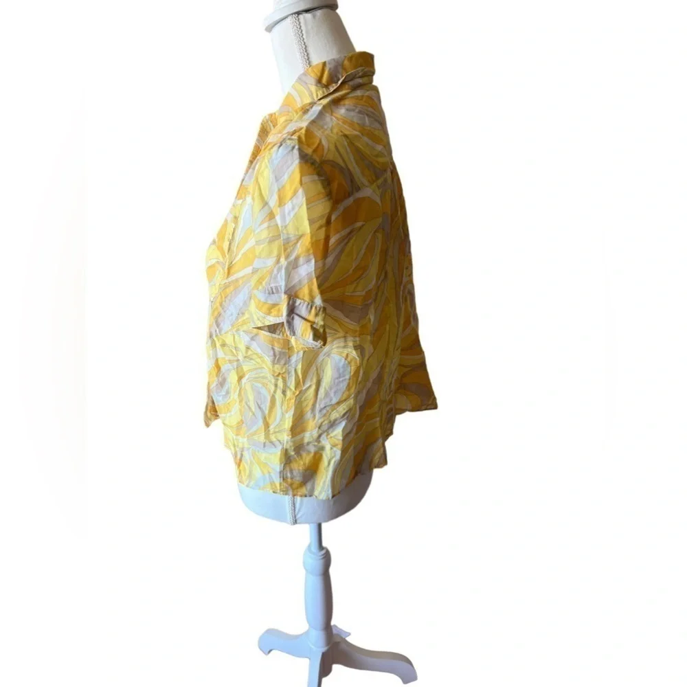 Michael Kors‎ Yellow White Abstract Pattern Short Sleeve Button Blouse